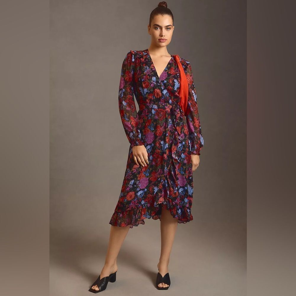 NWOT PAIGE Paulette Floral Silk Ruffle Wrap Midi Dress in Blue/Rust Multi sz XS